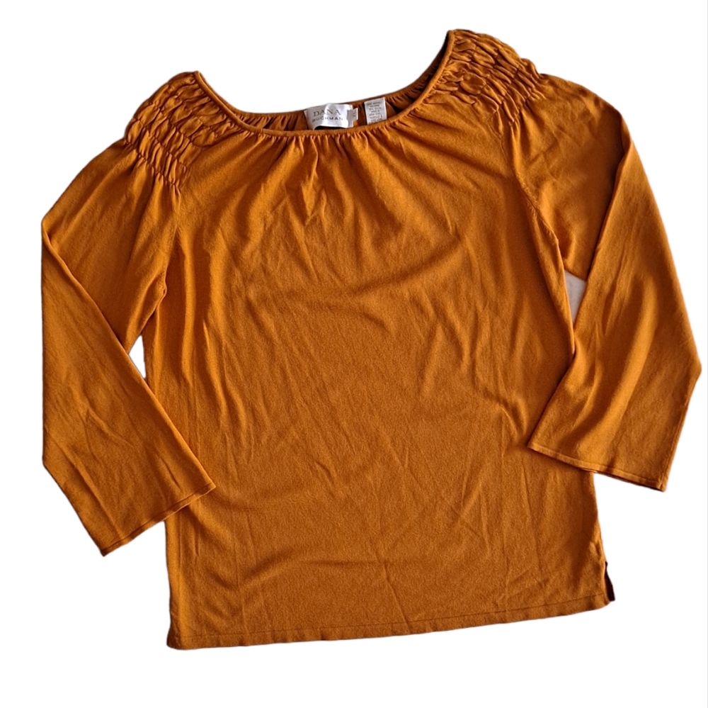 Dana Buchman dark yellow ruched shoulder wider long sleeve top/blouse